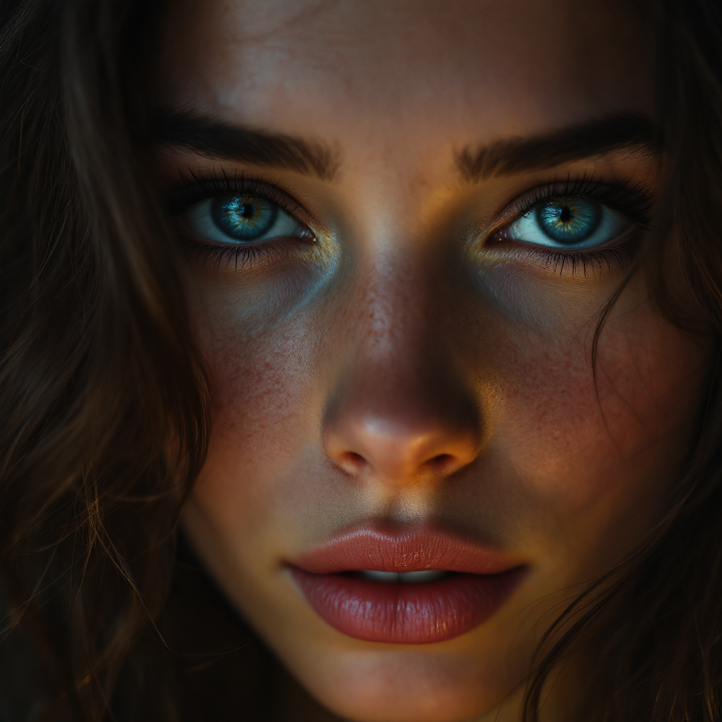 A close-up portrait of a young woman with striking blue eyes and natural makeup, capturing a sense of depth and emotion, reflecting the idea that everyone has a story to tell.