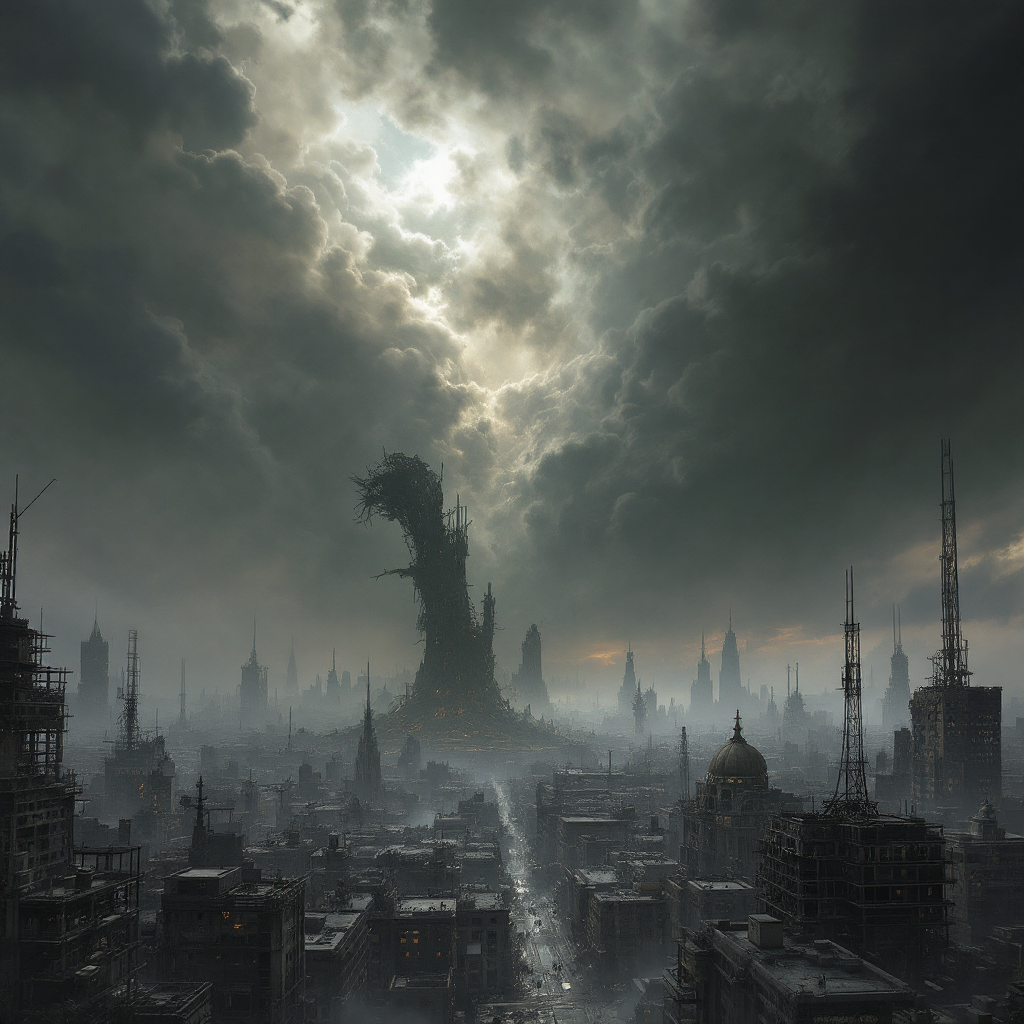 A dark, apocalyptic cityscape under a stormy sky, featuring towering, twisted structures amid ruins, reflecting the unsettling notion that the world has never been safe.