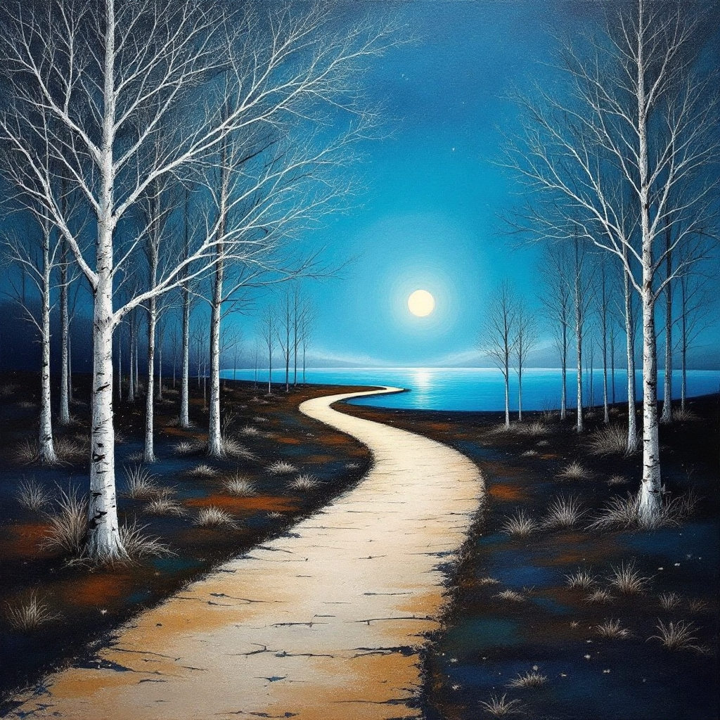 A winding pathway leads through a serene, moonlit landscape with bare trees, reflecting the quote's theme that emphasizes the significance of the journey toward a goal.