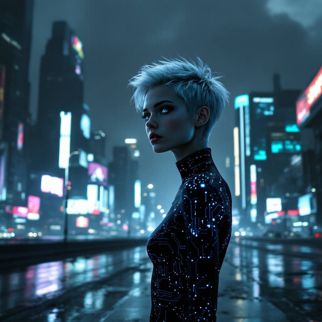 A solitary figure with short, futuristic hair stands in a neon-lit cityscape, embodying the quote's theme of existential isolation amidst a bustling urban environment.