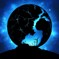 A stylized image of a globe with glowing cracks, featuring silhouettes of wind turbines against a cosmic blue background, symbolizing the connection between energy sources and our future sustainability.