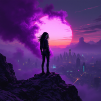 A solitary figure stands on a rocky ledge, silhouetted against a vibrant sunset with purple clouds, gazing over a sprawling futuristic city, embodying the idea that some things are worth more than money.