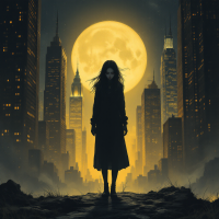 A silhouette of a figure in a dark coat stands amidst towering skyscrapers under a luminous full moon, embodying the theme of enduring contradiction in a stark urban landscape.