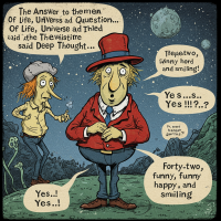 A whimsical illustration featuring two characters conversing under a starry sky. One wears a red hat and jacket, while the other is casually dressed. Speech bubbles reveal their humorous dialogue about the answer to life: Forty-two.