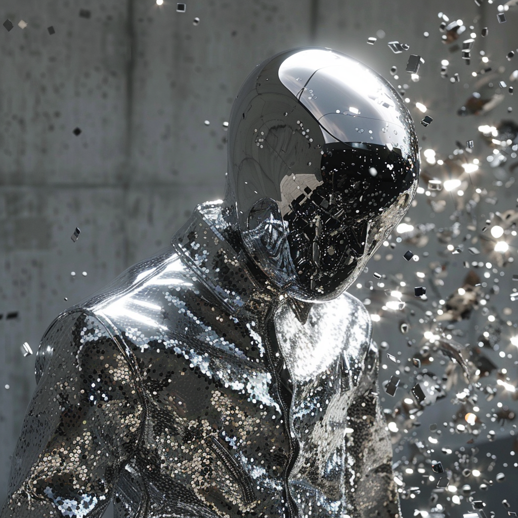 Image of a human-shaped figure clad in a silver, reflective combat suit, resembling scattered mercury droplets, under bright light.