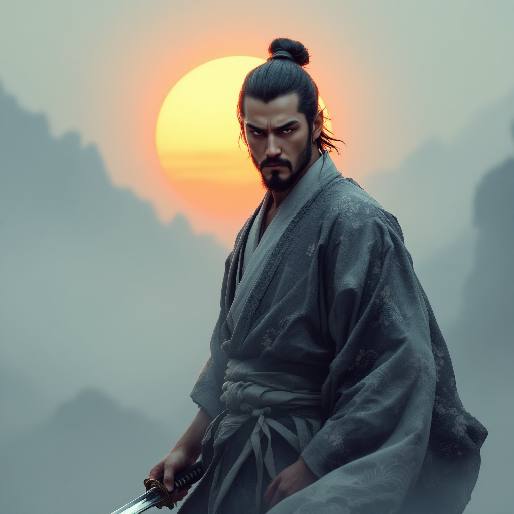 A stoic samurai stands poised with a sword, the setting sun casting a warm glow behind him, embodying the wisdom of the quote Never outshine the master. Mountains loom in the background.