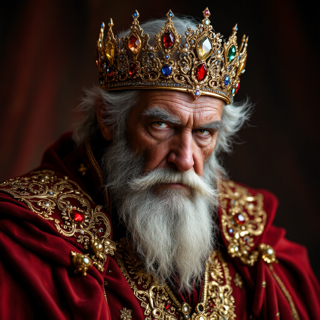 An elderly king in crimson robes adorned with gold and jeweled embellishments, leans forward with curious, intense eyes, wearing a regal crown.