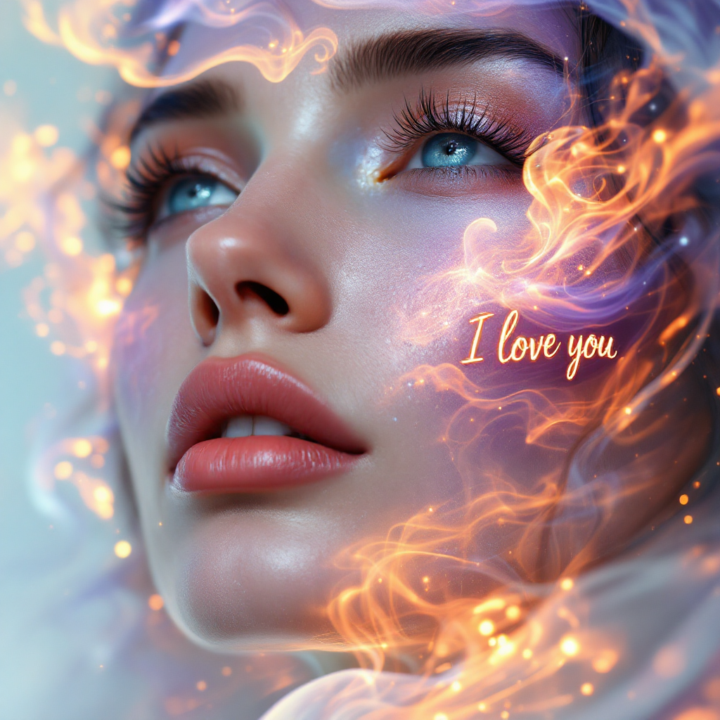 A close-up of a woman's face with striking blue eyes, surrounded by ethereal flames. The words I love you are elegantly integrated into the design, conveying deep emotion and passion.