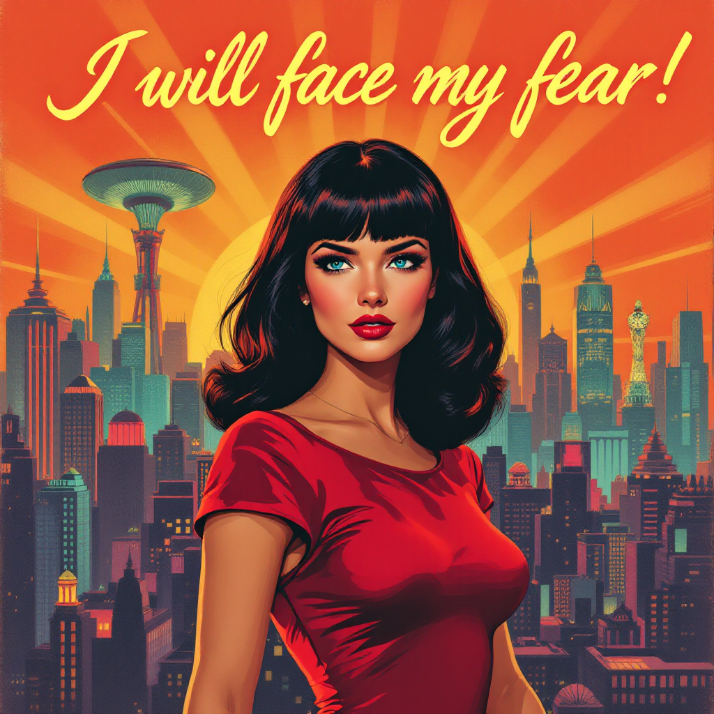 A confident woman in a red dress stands against a vibrant city skyline, with the phrase I will face my fear! boldly displayed above her, embodying strength and determination.