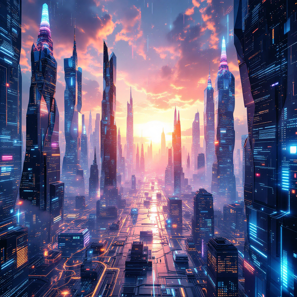 A vibrant cityscape of Mijistra, featuring towering crystal skyscrapers illuminated by colorful lights, nestled against a stunning sunset backdrop.