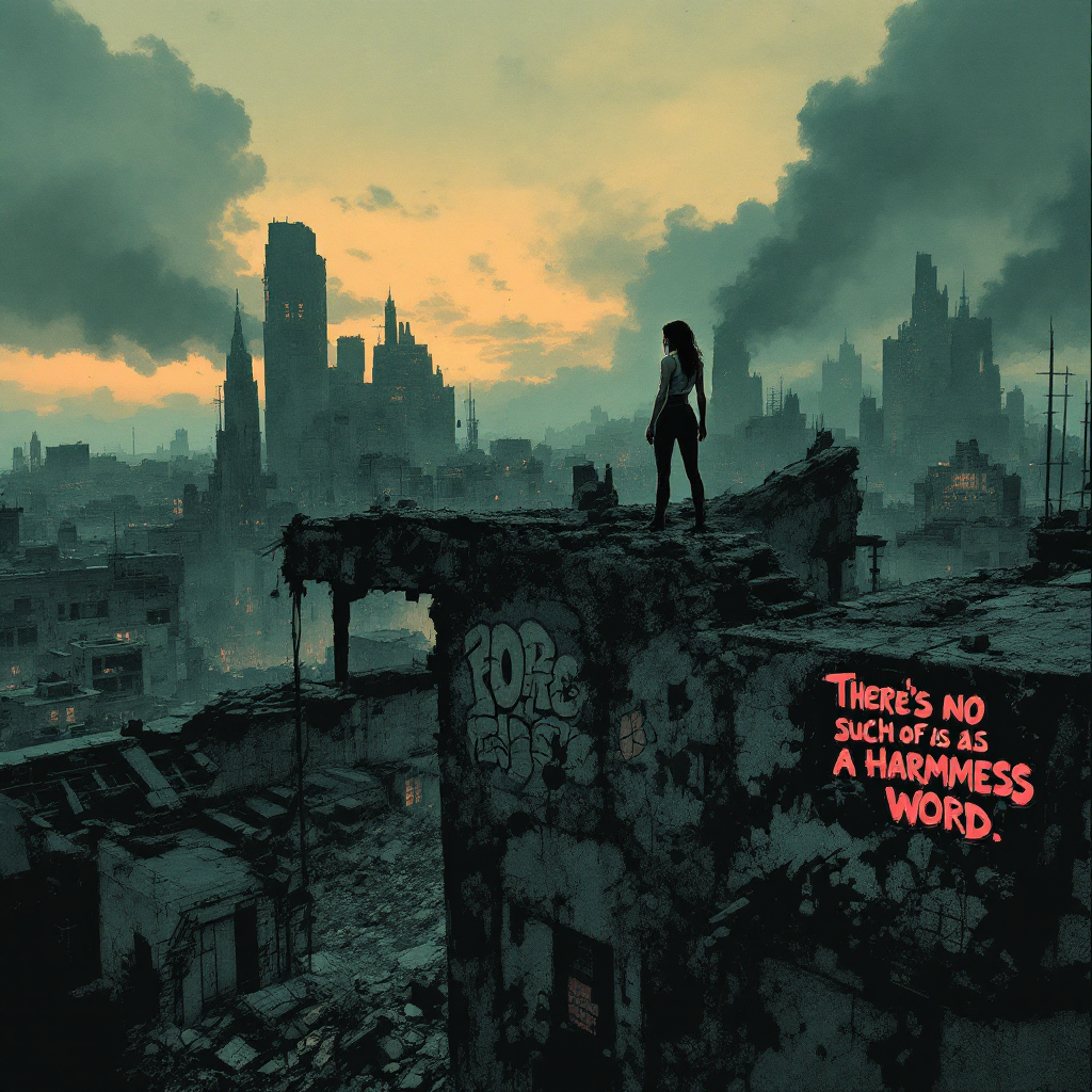 A silhouette of a figure stands on a ruined rooftop, gazing over a devastated city at dusk. The text, There’s no such thing as a harmless word, is boldly displayed in red.