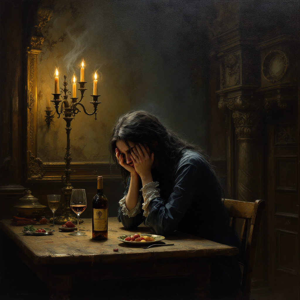 A woman sits despondently at a candlelit table, her head in her hands, surrounded by half-eaten food and wine, embodying the sentiment of lost happiness from the quote.