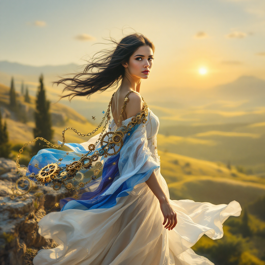 A determined woman in a flowing dress stands on a rocky ledge, gazing at a sunset over rolling hills, symbolizing perseverance and the rewards of not giving up.