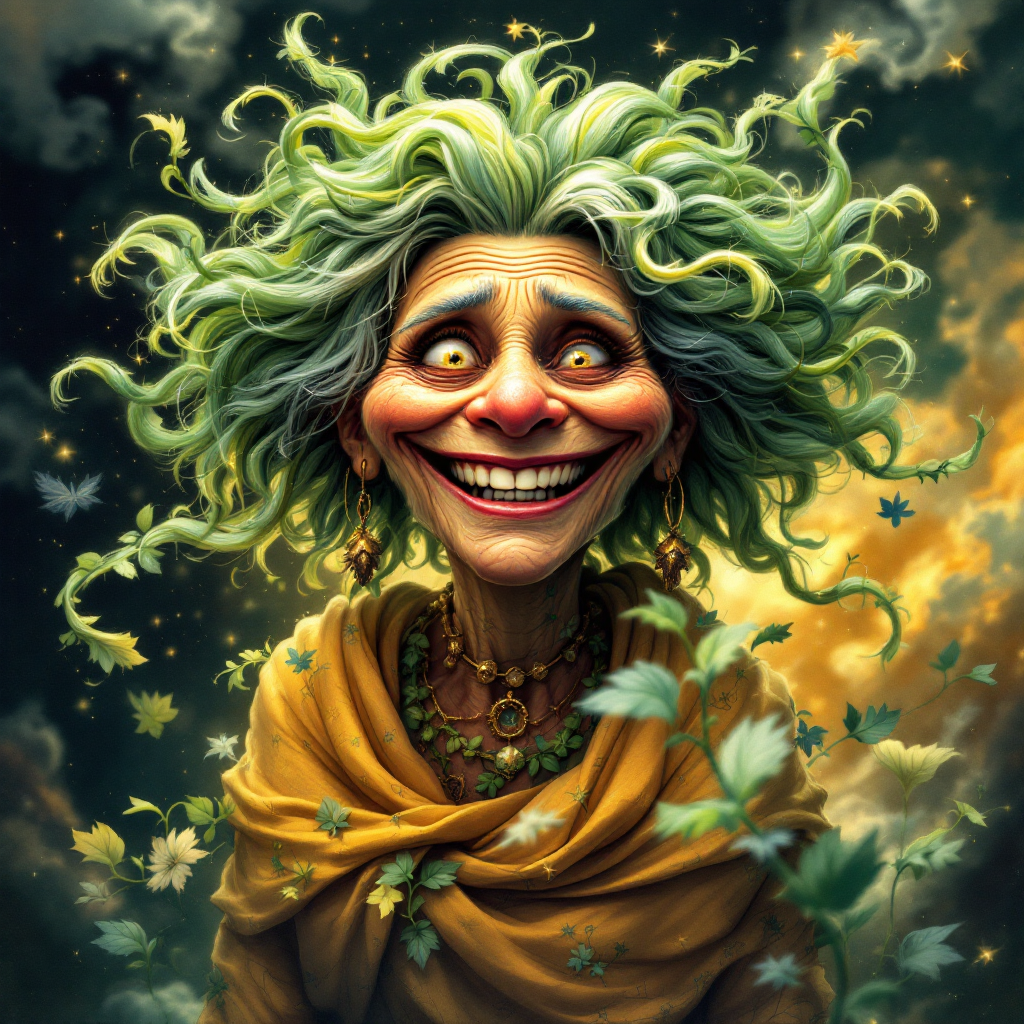 A whimsical character with vibrant green curls and a joyful expression, dressed in earthy tones, embodies the essence of nature as a living character in the world.