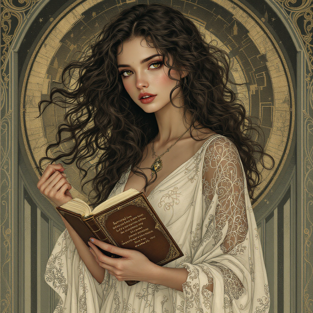 A woman with long, flowing hair holds an ornate book, gazing thoughtfully. The background features intricate patterns, symbolizing identity and resilience amidst erasure.