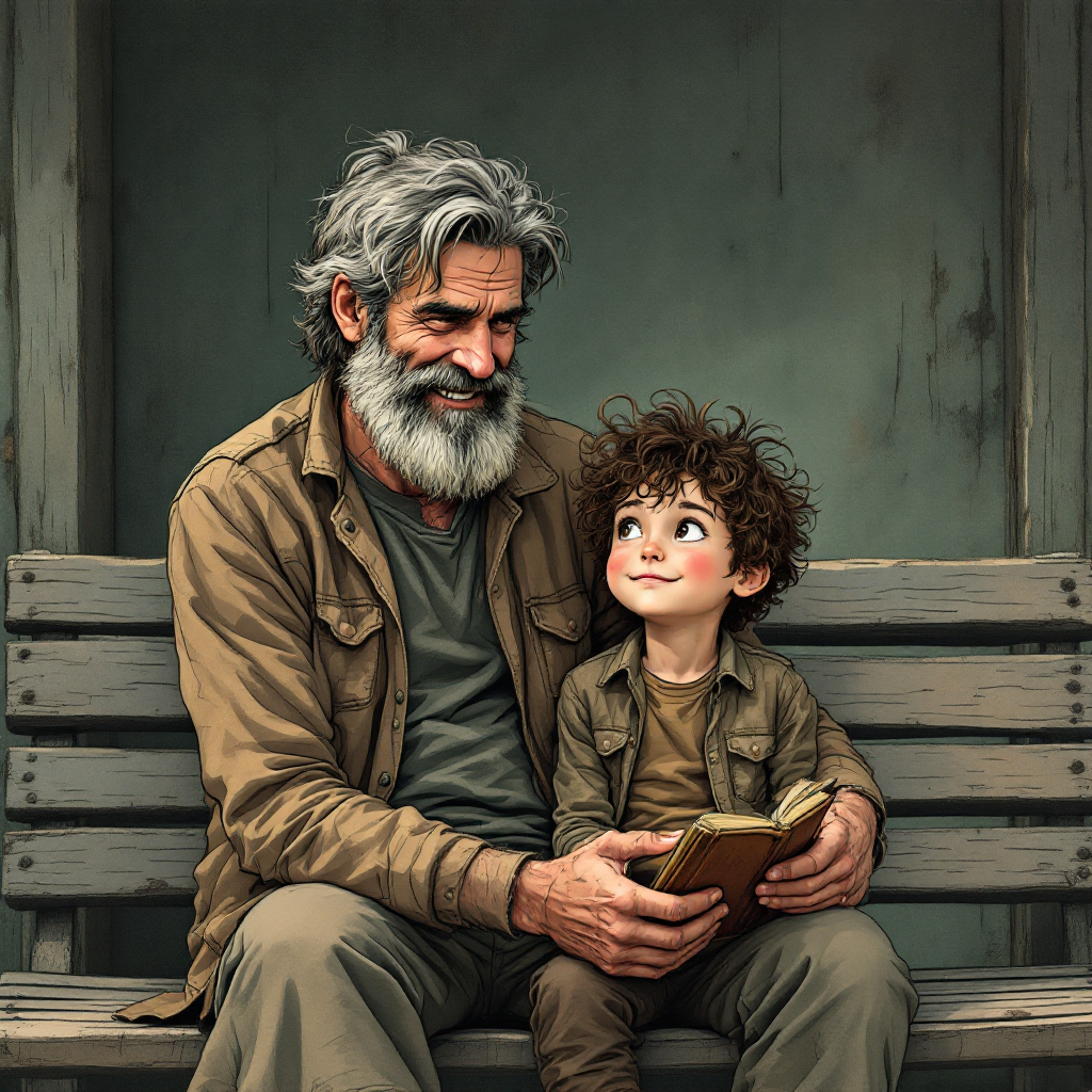 A grandfather and grandson sit on a bench, sharing a warm moment; the man holds a book while the boy gazes up at him, embodying a bond that transcends generations.