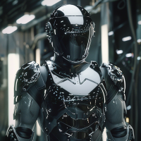 A figure in a silver, combat-rated uniform appears fluid, reminiscent of scattered mercury droplets, in a high-tech environment.