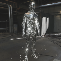 A human-shaped figure in a reflective silver, combat-rated uniform that resembles scattered mercury droplets, standing in an industrial setting.