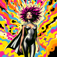 A powerful figure with vibrant pink hair stands confidently in a sleek black outfit, surrounded by a dynamic explosion of colorful abstract patterns, embodying the essence of life's vibrant journey.