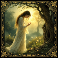 A young woman in a flowing white dress stands in a mystical forest, contemplating her surroundings, embodying the quote about facing pain and choosing to embrace life beyond suffering.