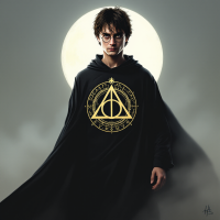 A young wizard stands in a dark cloak, featuring the symbol of the Deathly Hallows, against a full moon backdrop, embodying the quote about mastering death.