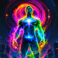 A vibrant, powerful figure stands confidently amidst swirling cosmic colors, embodying the courage to confront fears, as neon energy radiates from his form against a city backdrop.