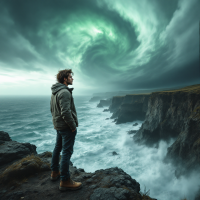 A figure stands on a cliff's edge, gazing at tumultuous waves below, under a swirling, dramatic sky that evokes a profound sense of purpose and resilience in facing life's challenges.