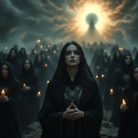 A solemn woman stands resolute among a crowd of hooded zealots holding candles, beneath a glowing, ominous sun shaped like a keyhole—happiness an impossible choice.