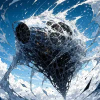 A vessel of liquid glass with transparent, shredded layers clings tightly to a metallic skeletal structure, soaring against a bright, dynamic sky.