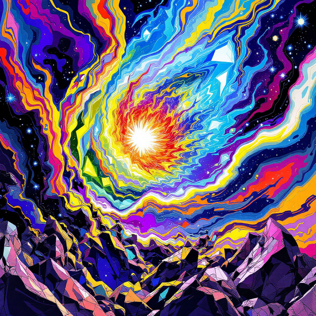 A vibrant cosmic scene depicts swirling colors and geometric crystals, reflecting the tension of Jaunte sealed in an unbreakable crystal tank, surrounded by a dazzling universe.