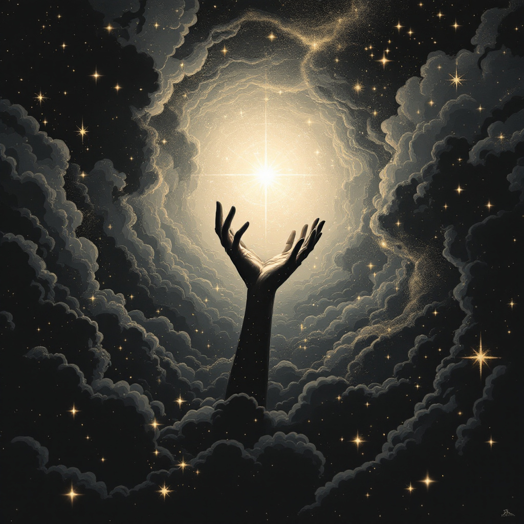 A hand reaches upward through dark, swirling clouds toward a radiant star, embodying the quote's theme of gravity and connection amidst cosmic chaos.