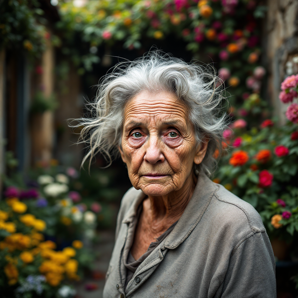 An elderly woman with wild gray hair stands amidst a vibrant garden filled with colorful flowers, reflecting the weight and complexities of aging captured in a poignant expression.