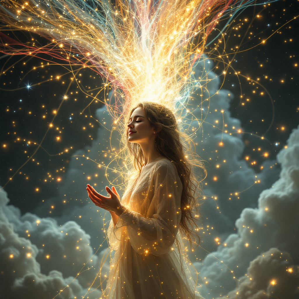 A serene figure stands with outstretched hands, surrounded by luminous threads of light and stars, symbolizing the interconnectedness of humanity in a vast, ethereal space.