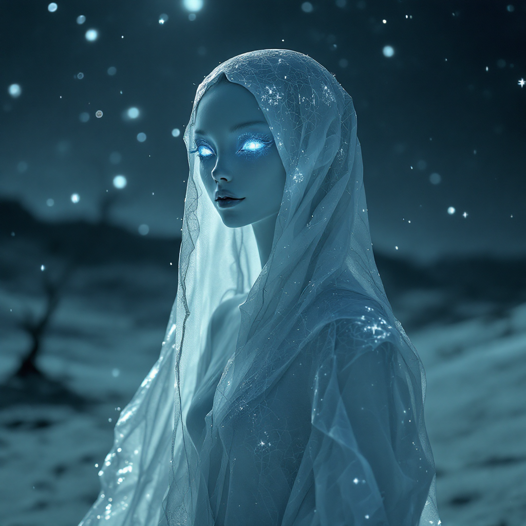 A luminous figure draped in a shimmering veil stands against a starry night backdrop, embodying a sense of surreal loss and unspoken experiences, evoking deep emotional resonance.