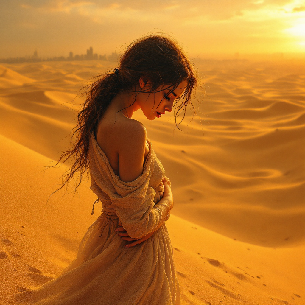 A contemplative woman stands in a vast desert, golden sand dunes stretching out under a warm sunset, embodying the quote about being a prisoner to one's fear.