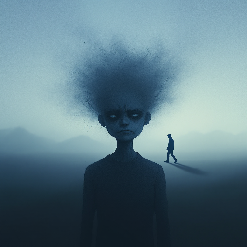 A surreal scene featuring a figure with exaggerated hair and dark, expressive eyes, standing still in a misty landscape, while another person walks away, embodying doubt and immobility.