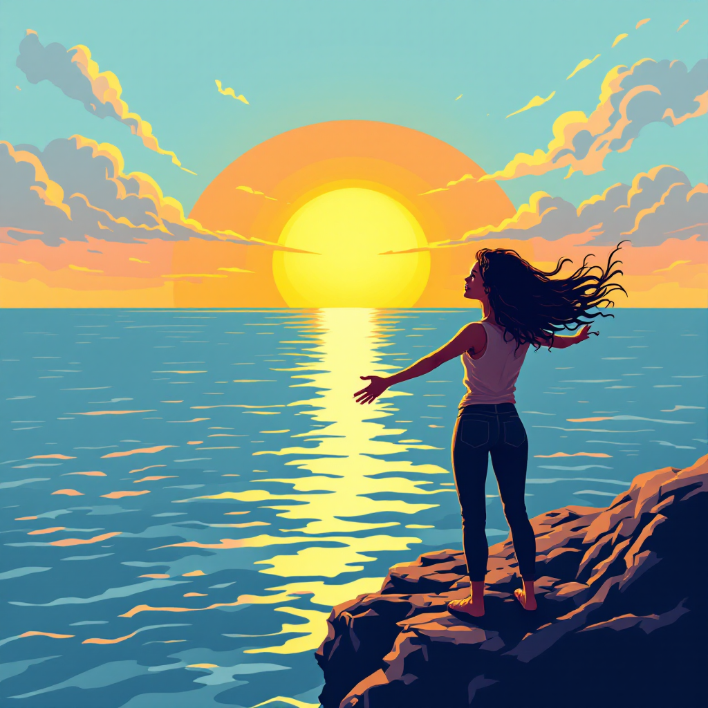 A woman stands on a rocky shore, arms outstretched towards a vibrant sunset over a calm ocean, embodying the exhilarating yet daunting essence of freedom.