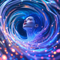 A woman’s head emerges from swirling, ethereal lights and colors, symbolizing the depth of consciousness and the complexity of interpreting our own thoughts.