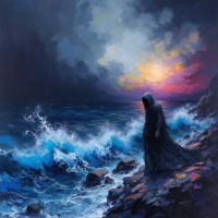 A cloaked figure stands by the turbulent sea at sunset, embodying the duality of fear as both a guiding presence and a companion in the face of uncertainty.