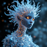 A crystal-like figure with icy blue skin and glowing orange eyes stands amidst a shimmering, abstract background, embodying the quote's theme of understanding through revelation.