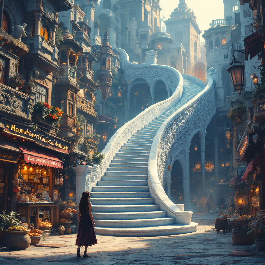 A young figure stands at the base of a grand, spiraling staircase in a vibrant, bustling marketplace, embodying the spirit of adventure found within the heart of Zikola.