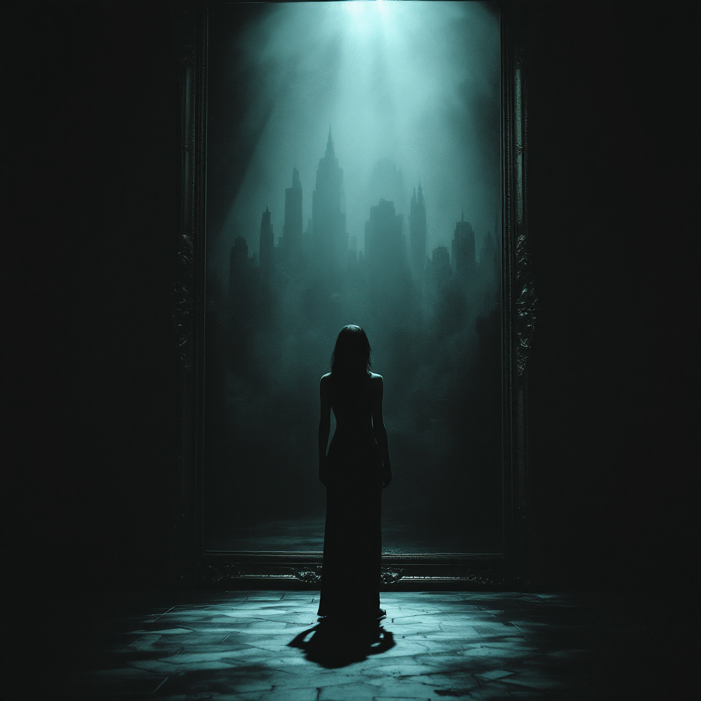 A silhouette of a woman in a dark gown stands before an ornate mirror, reflecting a misty cityscape, embodying the quote about art revealing our deepest fears and aspirations.