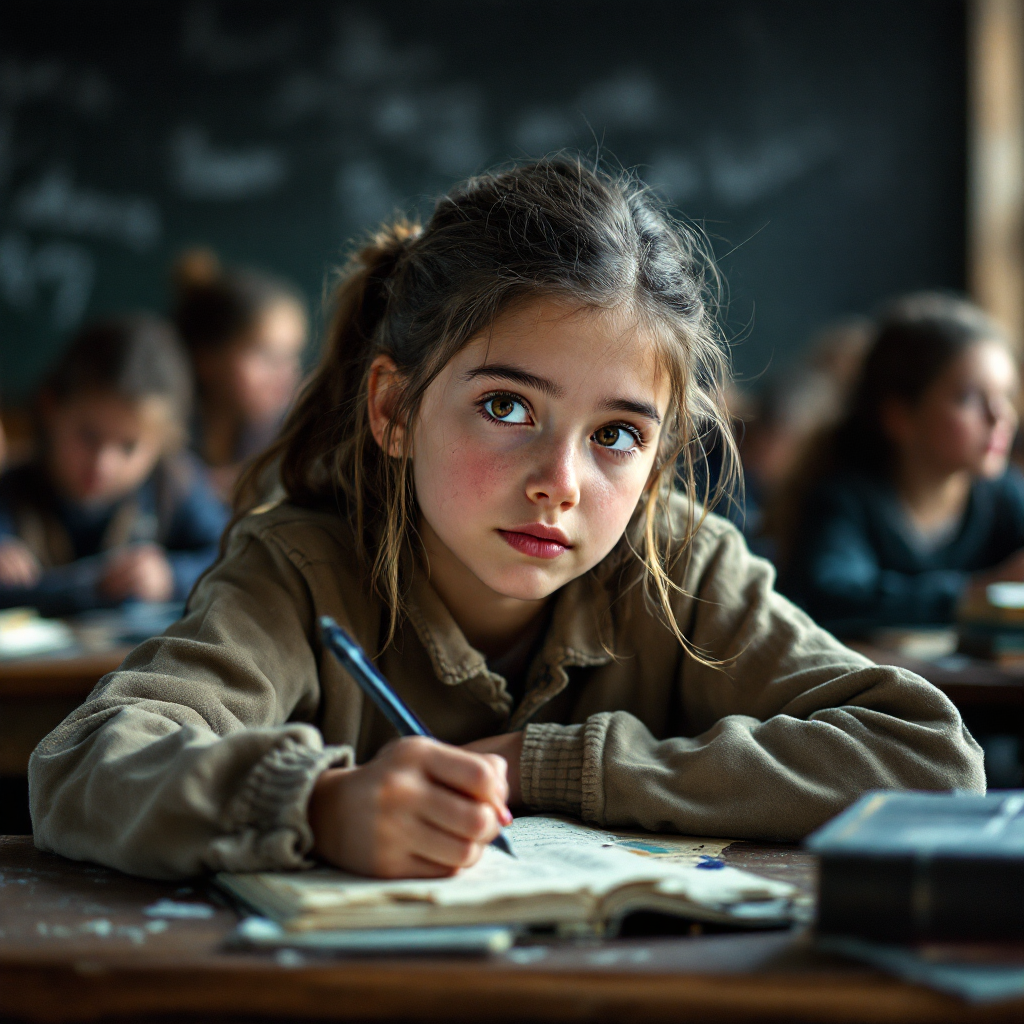 A contemplative girl sits at a wooden desk in a classroom, writing in her notebook, surrounded by classmates, embodying the idea that not all important lessons can be taught in school.