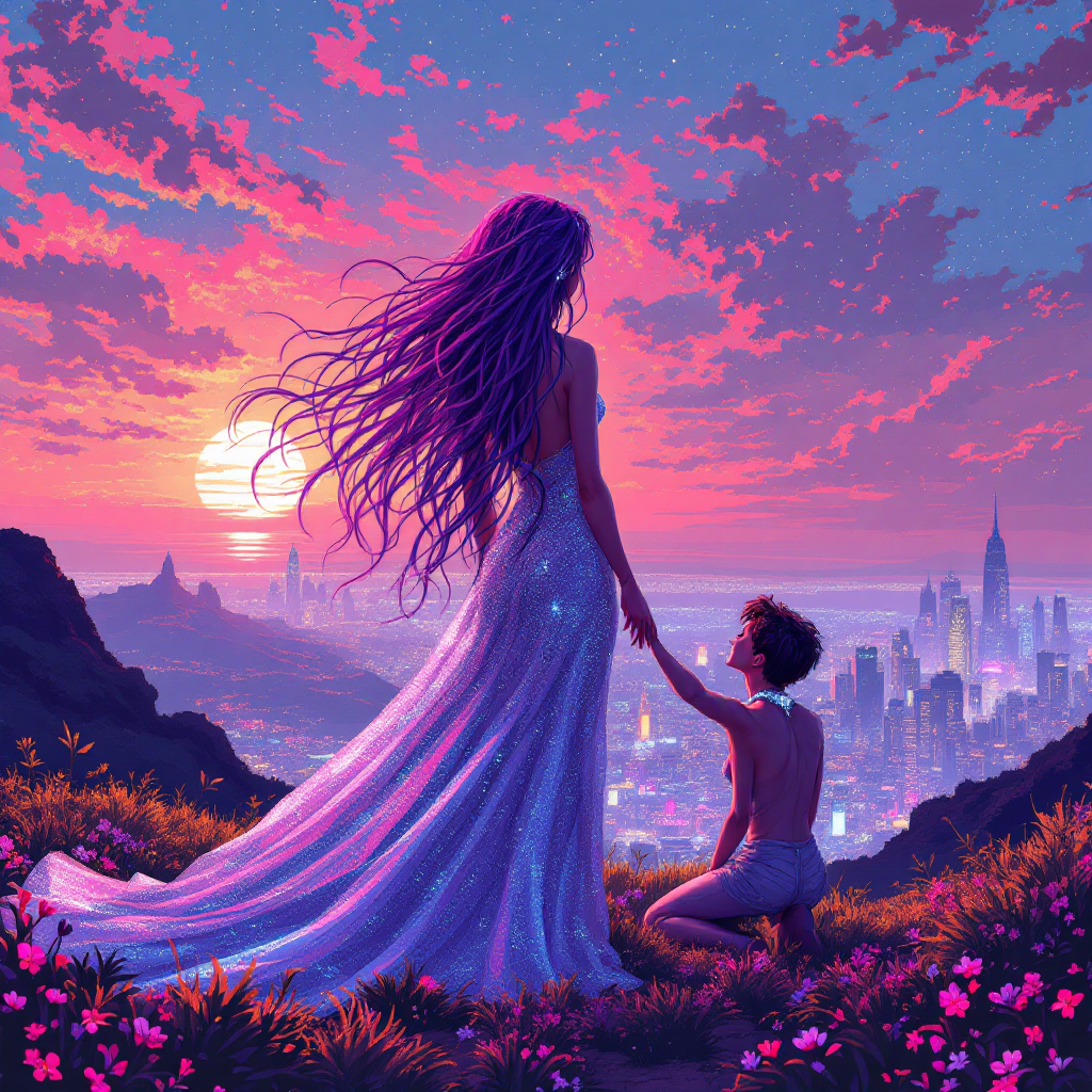 A silhouette of a woman in a flowing gown stands hand in hand with a kneeling figure against a vibrant sunset, symbolizing growth and connection in a Femdom relationship.