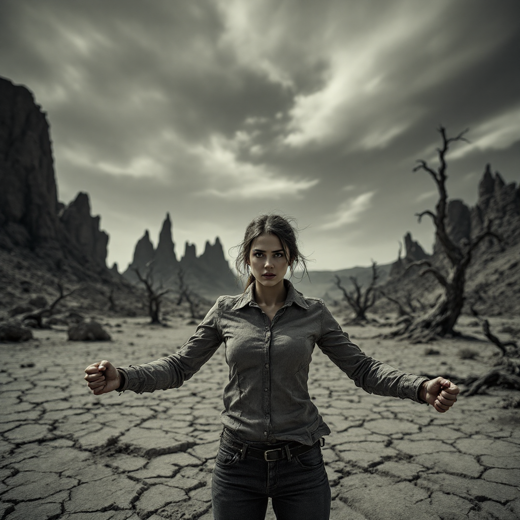 A determined woman stands confidently in a desolate landscape, with cracked earth and barren trees, embodying the quote: The only way to win is to be willing to lose everything.