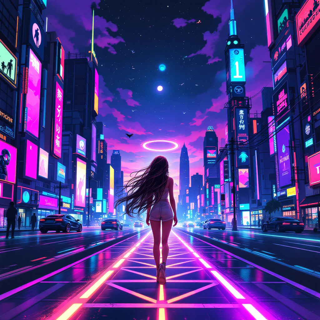 A figure walks down a vibrant city street illuminated by neon lights, embodying the idea that life is a series of choices amid a visually striking, dreamlike urban landscape.