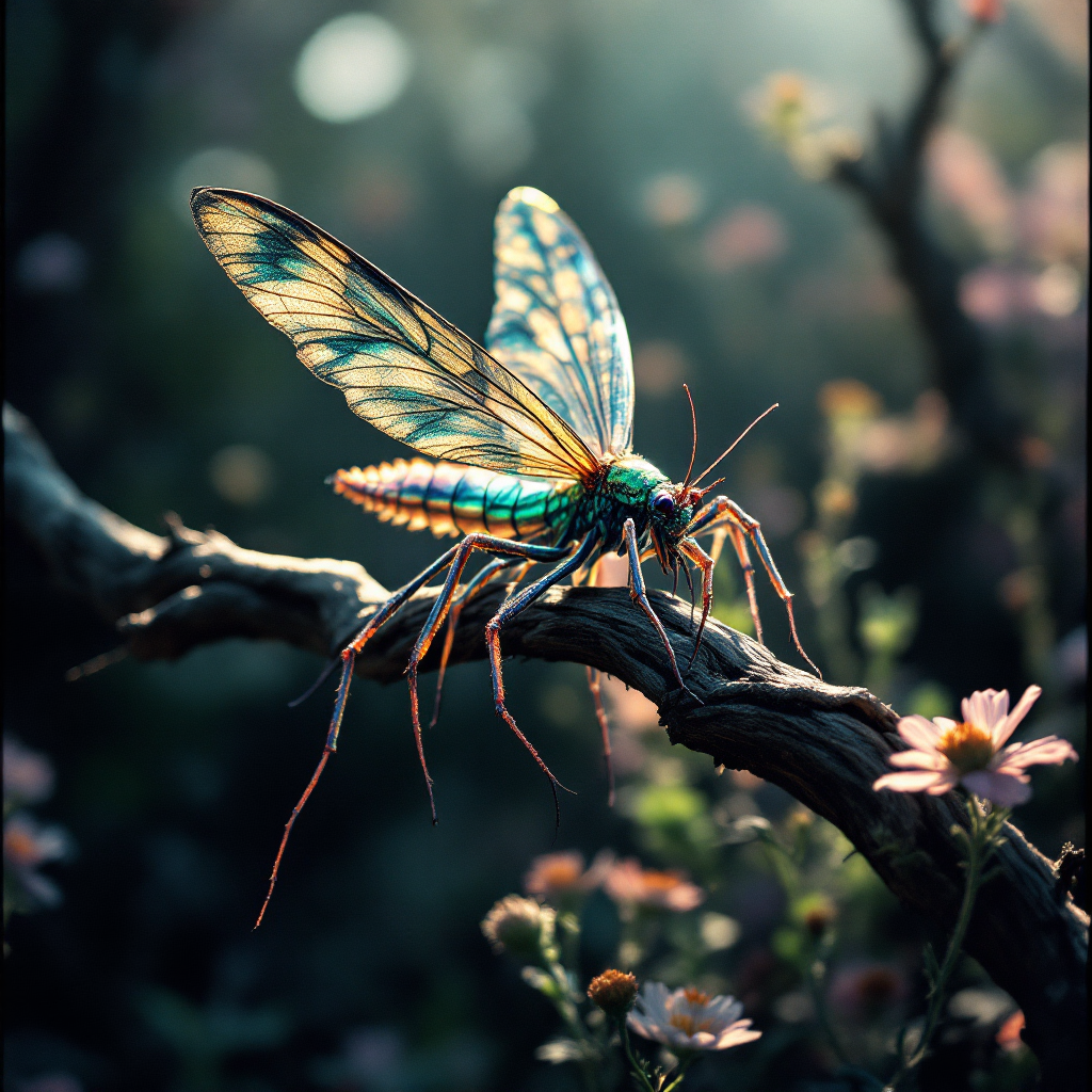 A vividly colored cicada rests on a branch surrounded by delicate flowers, embodying the beauty found in nature's oddities, softly illuminated by dappled light.