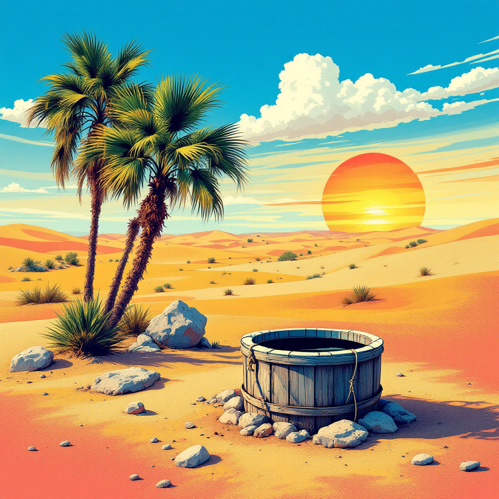 A vibrant desert scene at sunset features a wooden well surrounded by palm trees, embodying the quote about the hidden beauty of the desert's wells.