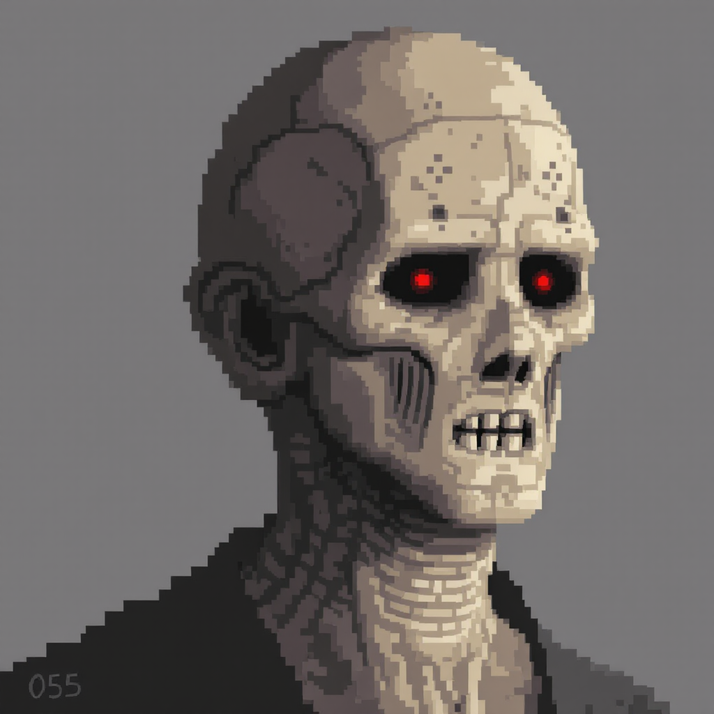 Pixel art of a humanoid figure with a skeletal, cracked face and glowing red eyes, emerging from shadow against a gray background.