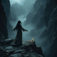 A figure in a flowing gown stands on a rocky ledge, arms outstretched, amidst a dark, misty canyon, illuminated by a flickering candle, symbolizing hope and clarity in despair.